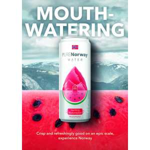 Watermelon, Sparkling, PureNorwayWater, 24 stk, 0,33L, Inkl Pant: 2,-/stk